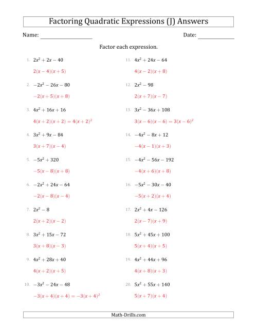 The Factoring Quadratic Expressions with Positive or Negative 'a' Coefficients of 1 with a Common Factor Step (J) Math Worksheet Page 2