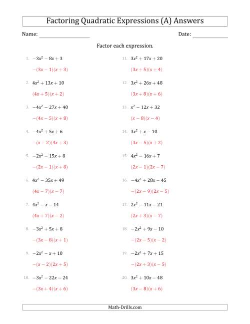 The Factoring Quadratic Expressions with Positive or Negative 'a' Coefficients up to 4 (A) Math Worksheet Page 2
