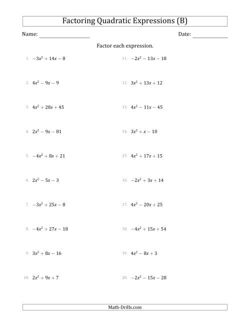 The Factoring Quadratic Expressions with Positive or Negative 'a' Coefficients up to 4 (B) Math Worksheet