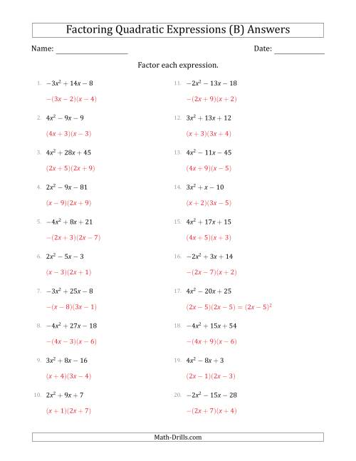 The Factoring Quadratic Expressions with Positive or Negative 'a' Coefficients up to 4 (B) Math Worksheet Page 2