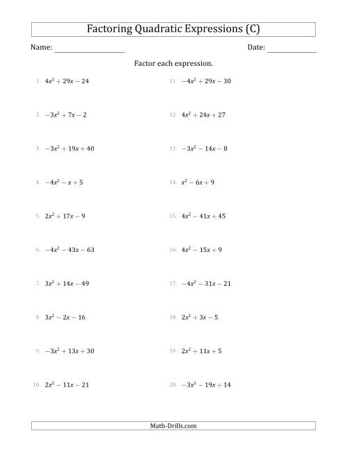 The Factoring Quadratic Expressions with Positive or Negative 'a' Coefficients up to 4 (C) Math Worksheet