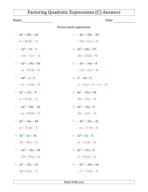 The Factoring Quadratic Expressions with Positive or Negative 'a' Coefficients up to 4 (C) Math Worksheet Page 2