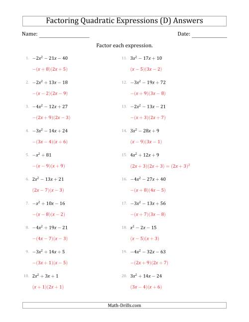 The Factoring Quadratic Expressions with Positive or Negative 'a' Coefficients up to 4 (D) Math Worksheet Page 2