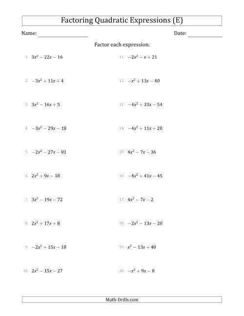 The Factoring Quadratic Expressions with Positive or Negative 'a' Coefficients up to 4 (E) Math Worksheet