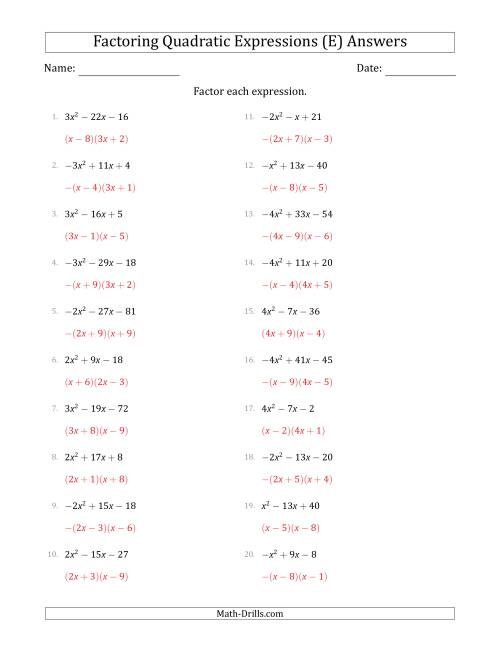 The Factoring Quadratic Expressions with Positive or Negative 'a' Coefficients up to 4 (E) Math Worksheet Page 2