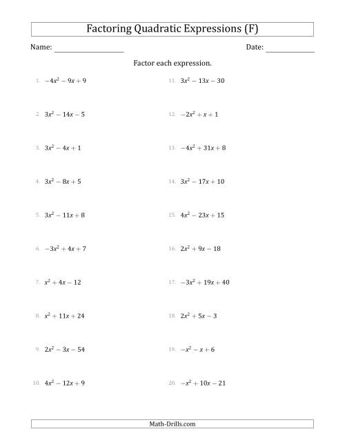 The Factoring Quadratic Expressions with Positive or Negative 'a' Coefficients up to 4 (F) Math Worksheet