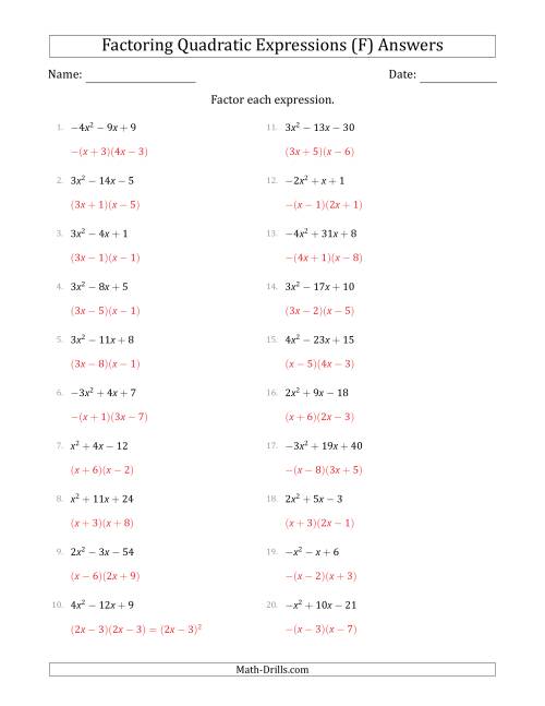 The Factoring Quadratic Expressions with Positive or Negative 'a' Coefficients up to 4 (F) Math Worksheet Page 2
