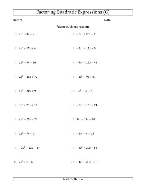 The Factoring Quadratic Expressions with Positive or Negative 'a' Coefficients up to 4 (G) Math Worksheet