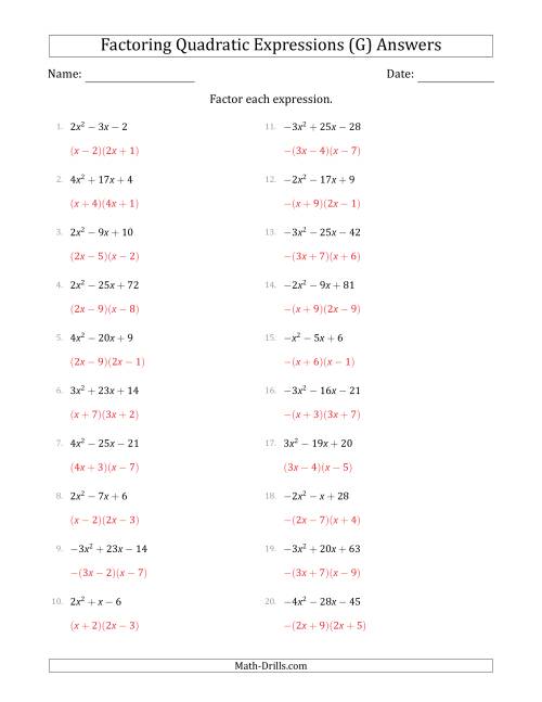 The Factoring Quadratic Expressions with Positive or Negative 'a' Coefficients up to 4 (G) Math Worksheet Page 2