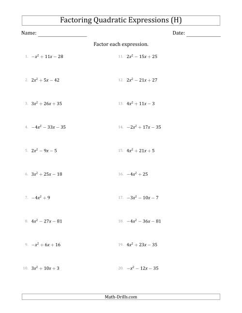 The Factoring Quadratic Expressions with Positive or Negative 'a' Coefficients up to 4 (H) Math Worksheet