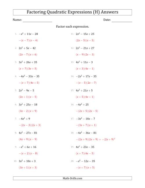 The Factoring Quadratic Expressions with Positive or Negative 'a' Coefficients up to 4 (H) Math Worksheet Page 2