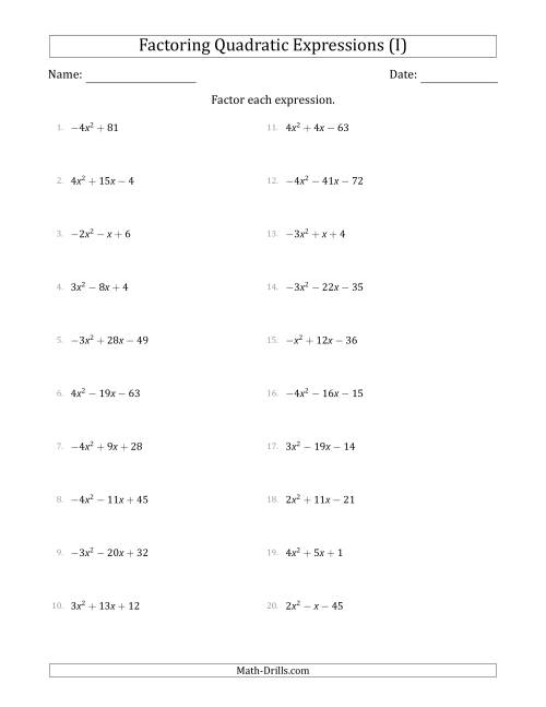 The Factoring Quadratic Expressions with Positive or Negative 'a' Coefficients up to 4 (I) Math Worksheet