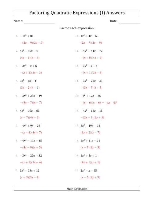 The Factoring Quadratic Expressions with Positive or Negative 'a' Coefficients up to 4 (I) Math Worksheet Page 2