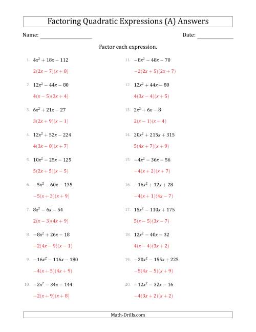 The Factoring Quadratic Expressions with Positive or Negative 'a' Coefficients up to 4 with a Common Factor Step (A) Math Worksheet Page 2