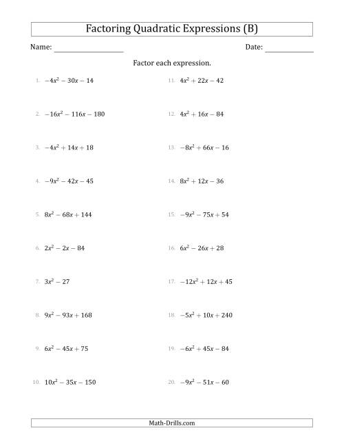 The Factoring Quadratic Expressions with Positive or Negative 'a' Coefficients up to 4 with a Common Factor Step (B) Math Worksheet