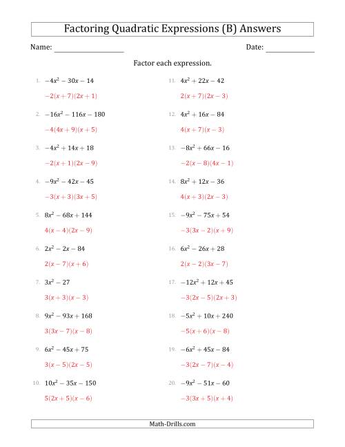 The Factoring Quadratic Expressions with Positive or Negative 'a' Coefficients up to 4 with a Common Factor Step (B) Math Worksheet Page 2