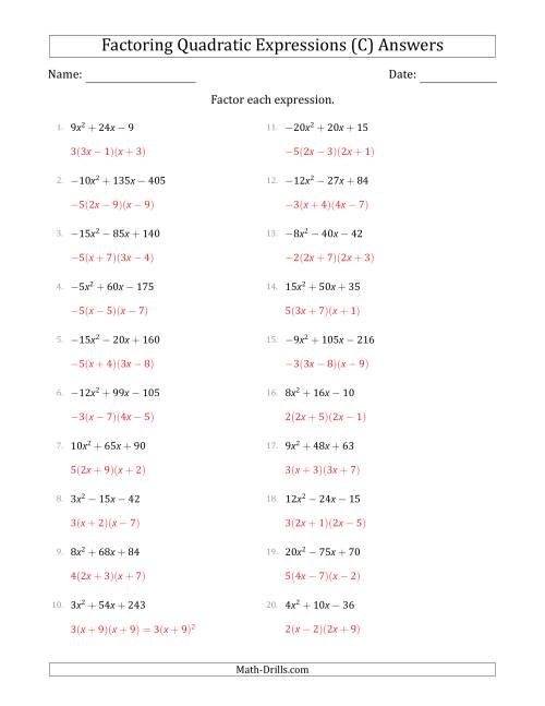 The Factoring Quadratic Expressions with Positive or Negative 'a' Coefficients up to 4 with a Common Factor Step (C) Math Worksheet Page 2