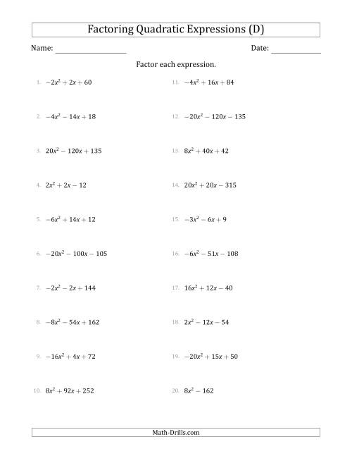 The Factoring Quadratic Expressions with Positive or Negative 'a' Coefficients up to 4 with a Common Factor Step (D) Math Worksheet