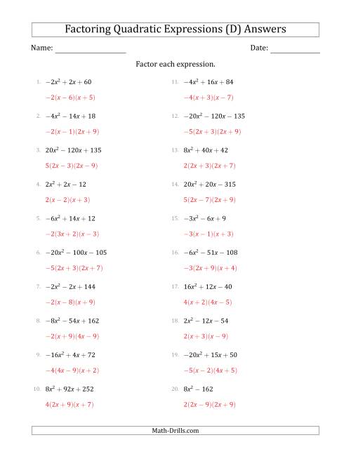 The Factoring Quadratic Expressions with Positive or Negative 'a' Coefficients up to 4 with a Common Factor Step (D) Math Worksheet Page 2