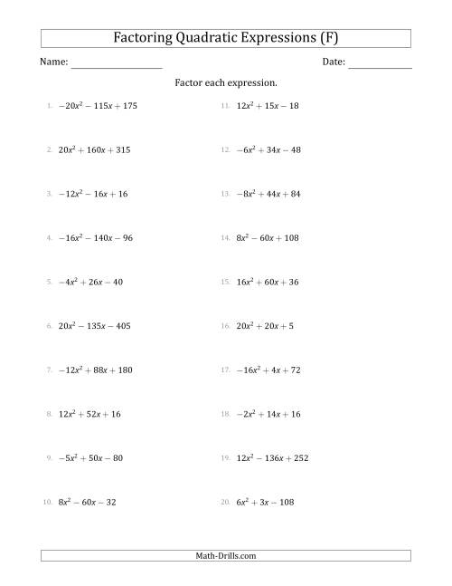 The Factoring Quadratic Expressions with Positive or Negative 'a' Coefficients up to 4 with a Common Factor Step (F) Math Worksheet