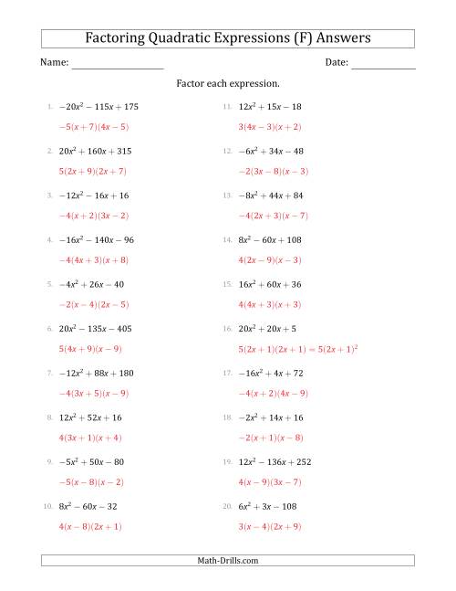 The Factoring Quadratic Expressions with Positive or Negative 'a' Coefficients up to 4 with a Common Factor Step (F) Math Worksheet Page 2