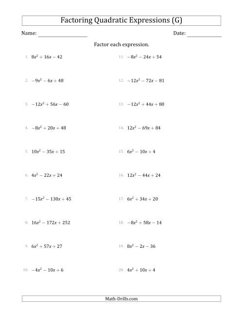 The Factoring Quadratic Expressions with Positive or Negative 'a' Coefficients up to 4 with a Common Factor Step (G) Math Worksheet