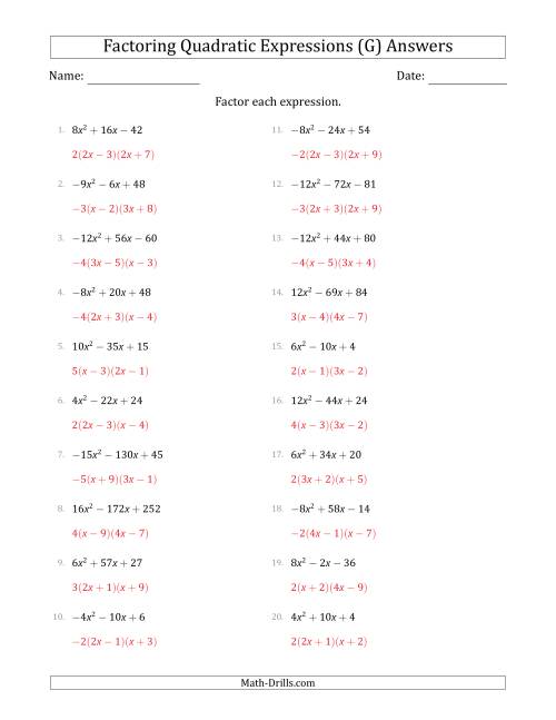 The Factoring Quadratic Expressions with Positive or Negative 'a' Coefficients up to 4 with a Common Factor Step (G) Math Worksheet Page 2