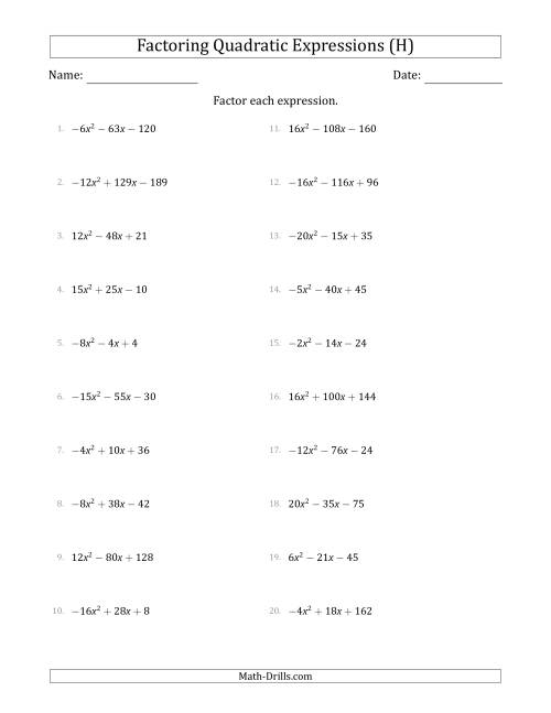 The Factoring Quadratic Expressions with Positive or Negative 'a' Coefficients up to 4 with a Common Factor Step (H) Math Worksheet
