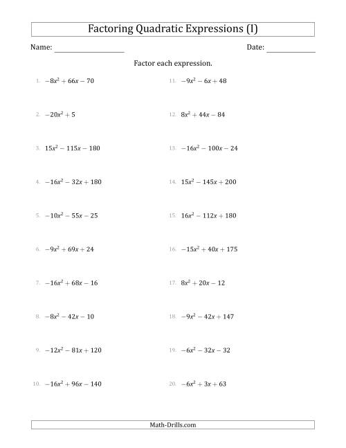The Factoring Quadratic Expressions with Positive or Negative 'a' Coefficients up to 4 with a Common Factor Step (I) Math Worksheet