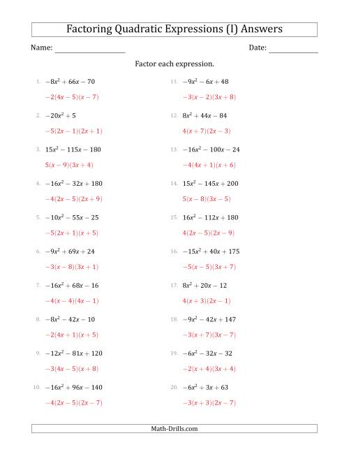 The Factoring Quadratic Expressions with Positive or Negative 'a' Coefficients up to 4 with a Common Factor Step (I) Math Worksheet Page 2