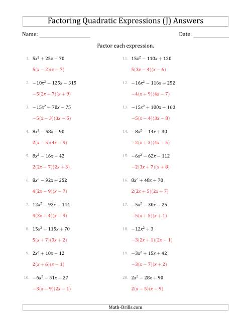 The Factoring Quadratic Expressions with Positive or Negative 'a' Coefficients up to 4 with a Common Factor Step (J) Math Worksheet Page 2