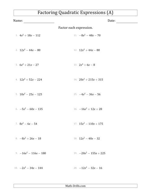 The Factoring Quadratic Expressions with Positive or Negative 'a' Coefficients up to 4 with a Common Factor Step (All) Math Worksheet