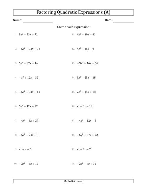 The Factoring Quadratic Expressions with Positive or Negative 'a' Coefficients up to 5 (A) Math Worksheet