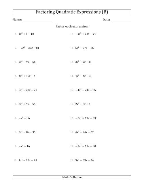 The Factoring Quadratic Expressions with Positive or Negative 'a' Coefficients up to 5 (B) Math Worksheet