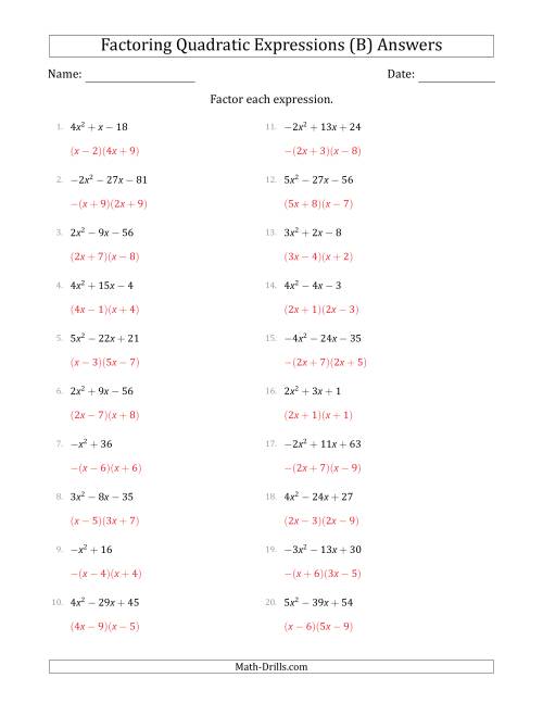 The Factoring Quadratic Expressions with Positive or Negative 'a' Coefficients up to 5 (B) Math Worksheet Page 2