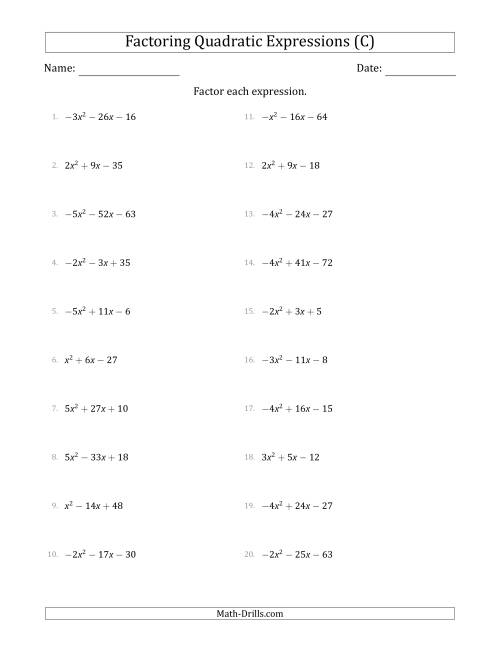 The Factoring Quadratic Expressions with Positive or Negative 'a' Coefficients up to 5 (C) Math Worksheet