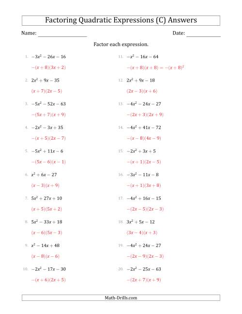 The Factoring Quadratic Expressions with Positive or Negative 'a' Coefficients up to 5 (C) Math Worksheet Page 2