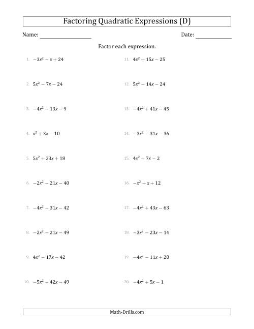 The Factoring Quadratic Expressions with Positive or Negative 'a' Coefficients up to 5 (D) Math Worksheet