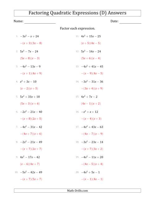 The Factoring Quadratic Expressions with Positive or Negative 'a' Coefficients up to 5 (D) Math Worksheet Page 2