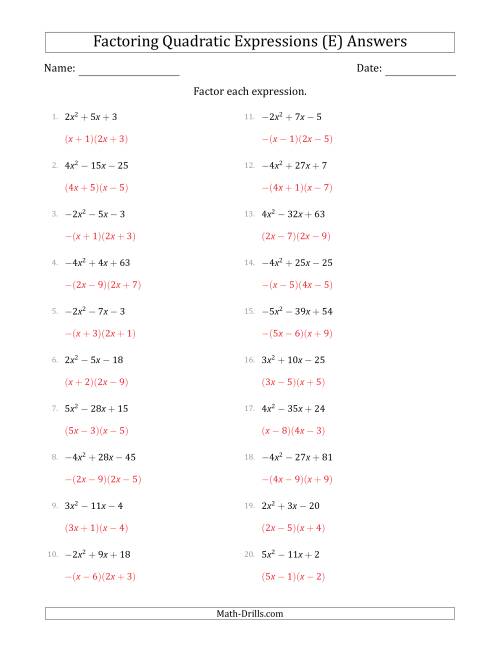 The Factoring Quadratic Expressions with Positive or Negative 'a' Coefficients up to 5 (E) Math Worksheet Page 2