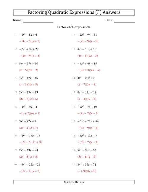 The Factoring Quadratic Expressions with Positive or Negative 'a' Coefficients up to 5 (F) Math Worksheet Page 2