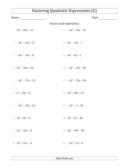 The Factoring Quadratic Expressions with Positive or Negative 'a' Coefficients up to 5 (G) Math Worksheet