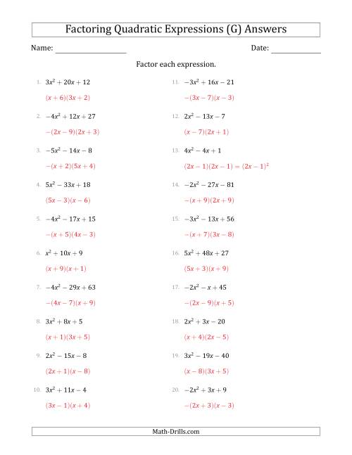 The Factoring Quadratic Expressions with Positive or Negative 'a' Coefficients up to 5 (G) Math Worksheet Page 2