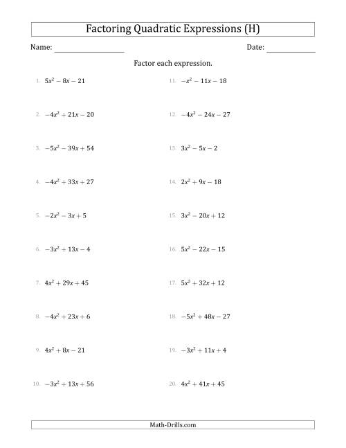 The Factoring Quadratic Expressions with Positive or Negative 'a' Coefficients up to 5 (H) Math Worksheet