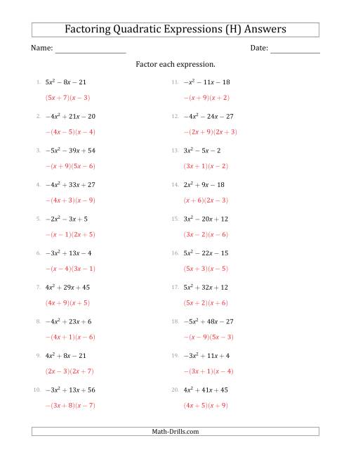 The Factoring Quadratic Expressions with Positive or Negative 'a' Coefficients up to 5 (H) Math Worksheet Page 2