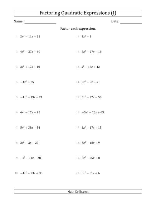 The Factoring Quadratic Expressions with Positive or Negative 'a' Coefficients up to 5 (I) Math Worksheet