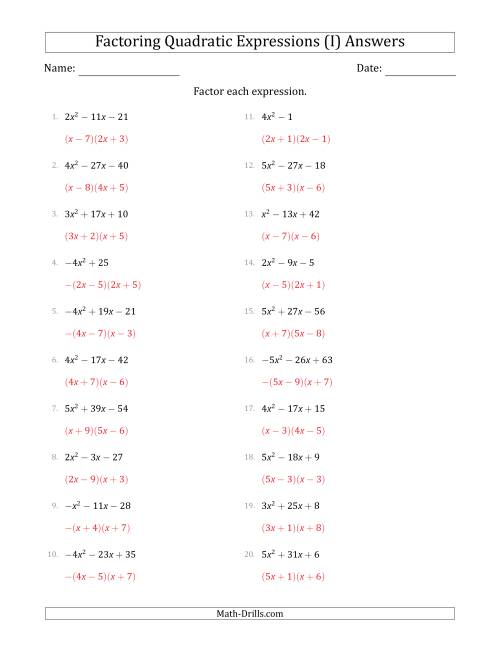 The Factoring Quadratic Expressions with Positive or Negative 'a' Coefficients up to 5 (I) Math Worksheet Page 2