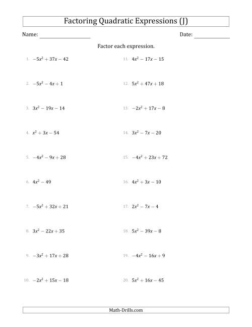 The Factoring Quadratic Expressions with Positive or Negative 'a' Coefficients up to 5 (J) Math Worksheet