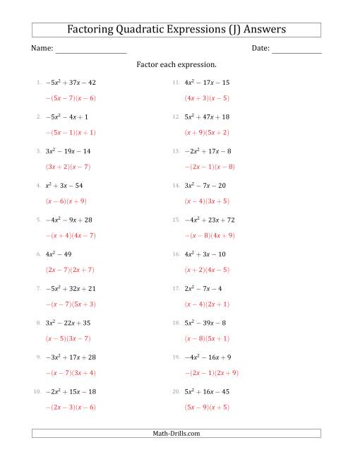 The Factoring Quadratic Expressions with Positive or Negative 'a' Coefficients up to 5 (J) Math Worksheet Page 2