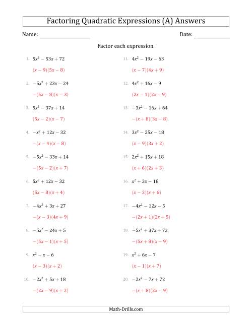 The Factoring Quadratic Expressions with Positive or Negative 'a' Coefficients up to 5 (All) Math Worksheet Page 2